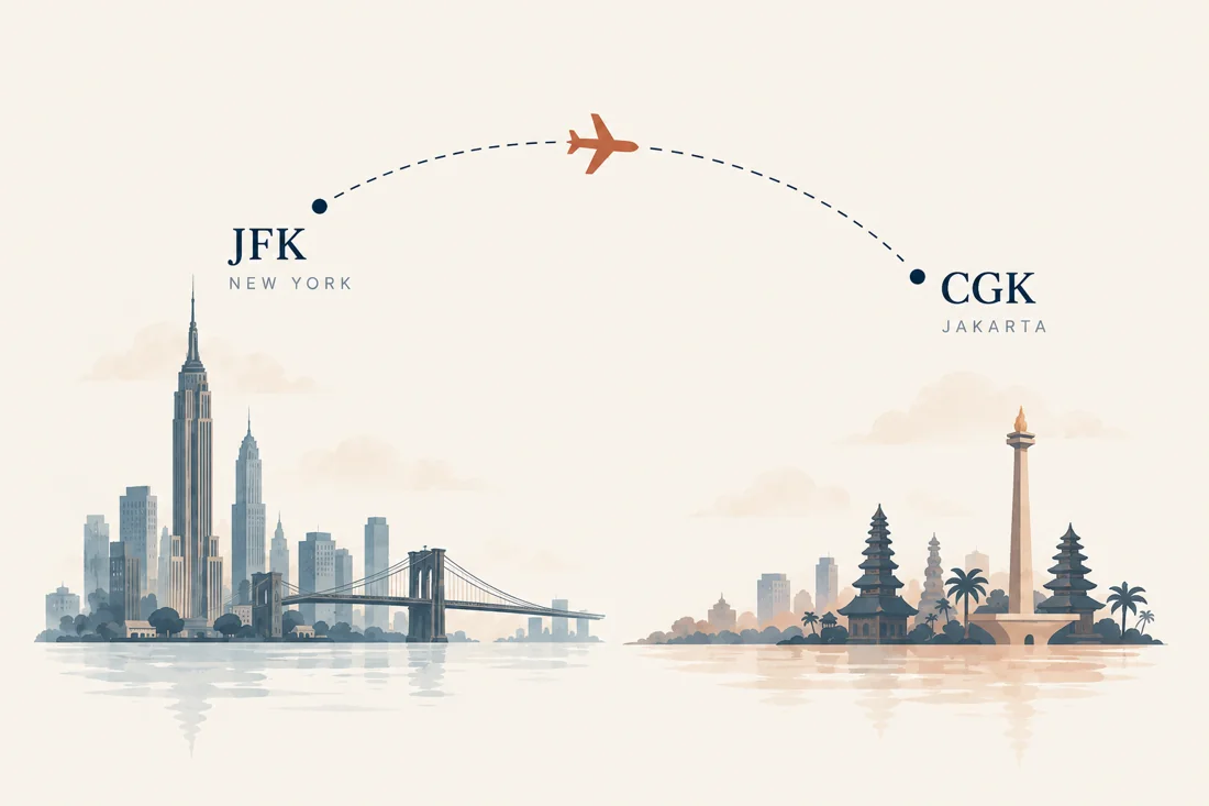 An illustrated flight route connects New York and Jakarta skylines